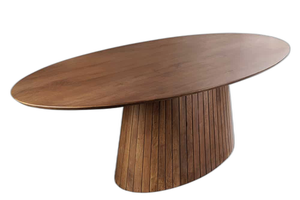 Ovaler Esstisch ART DECO 220cm braun smoked massives Mangoholz mit Säulenfuß