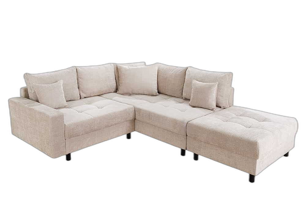 Modernes Ecksofa KENT 220cm champagner beige Chenille Cremona Federkern Wohnlandschaft mit Hocker